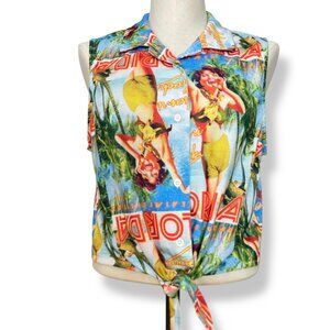Reclaimed Vintage Top Pin-Up Girl Print Sleeveless Tie Waist Women Size 8 Bright